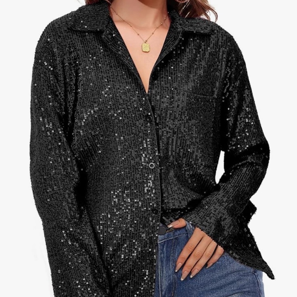 Sheer Black Mesh Sequin Button-Down Top – Glam & Edgy Elegance